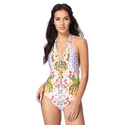 Multi-coloured tropical floral print lace up swimsuit
